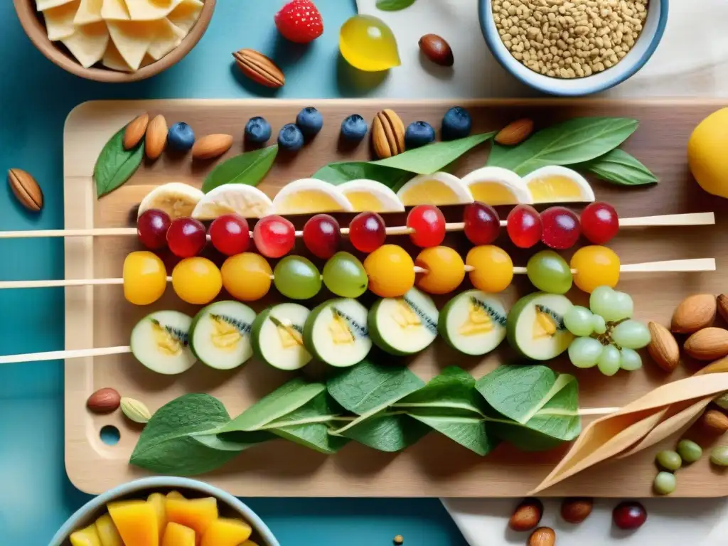 Bodegón saludable: snacks coloridos y frescos en acuarela Vibrante ilustración acuarela de snacks saludables bajos calorías: frutas, verduras con hummus, y frutos secos