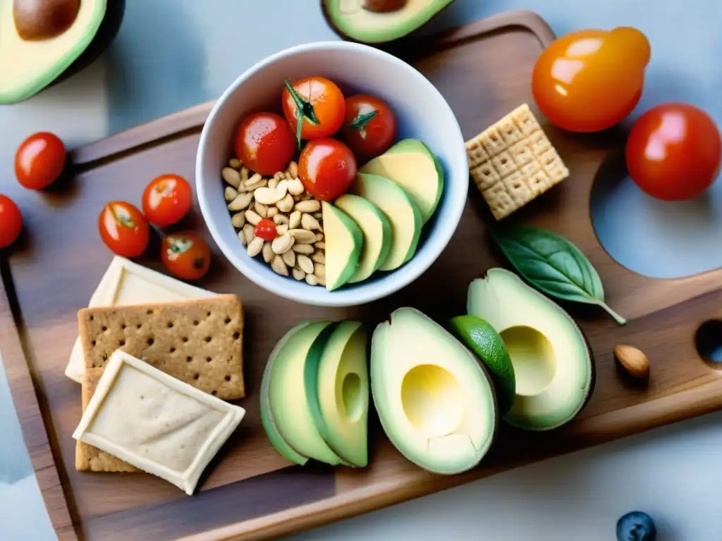 Deliciosos snacks saludables en acuarela Una ilustración acuarela vibrante de snacks saludables para deportistas: aguacate, tomates, frutos rojos, frutos secos, galletas integrales con hummus
