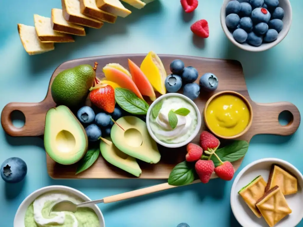 Deliciosas opciones de snacks saludables para diabéticos Una ilustración acuarela vibrante de snacks saludables para diabéticos de diversas culturas, como brochetas de frutas, tostadas de aguacate, hummus con palitos de verduras y yogur griego con bayas, dispuestos en una tabla de cortar de madera con detalles acuarela