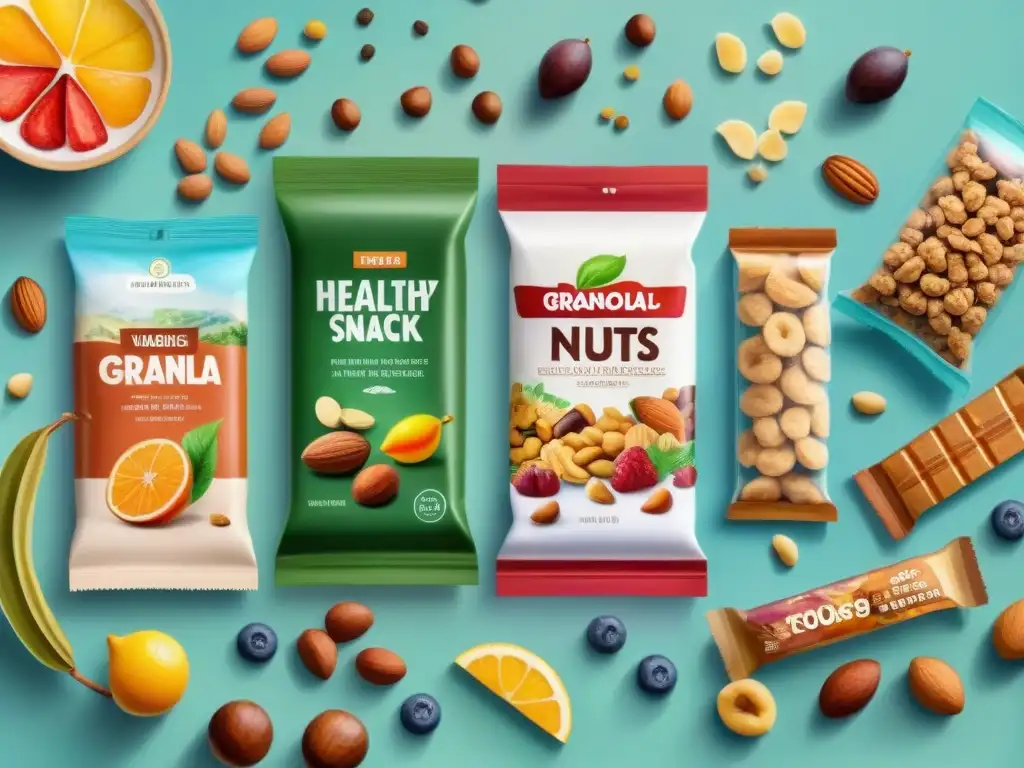 Deliciosos snacks saludables envasados al vacío Selección vibrante de snacks saludables envasados al vacío, frescos y coloridos