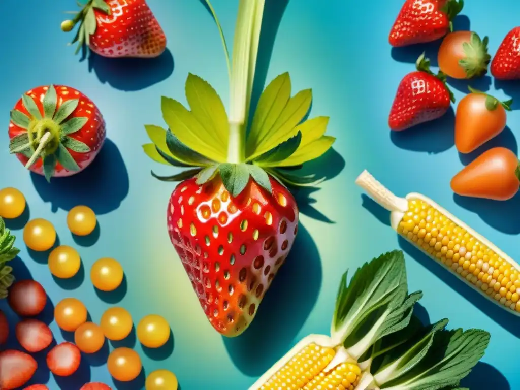 Snacks saludables: frutas y verduras modificadas genéticamente Un ilustración acuarela vibrante de snacks saludables genéticamente mejorados: fresas, zanahorias y maíz