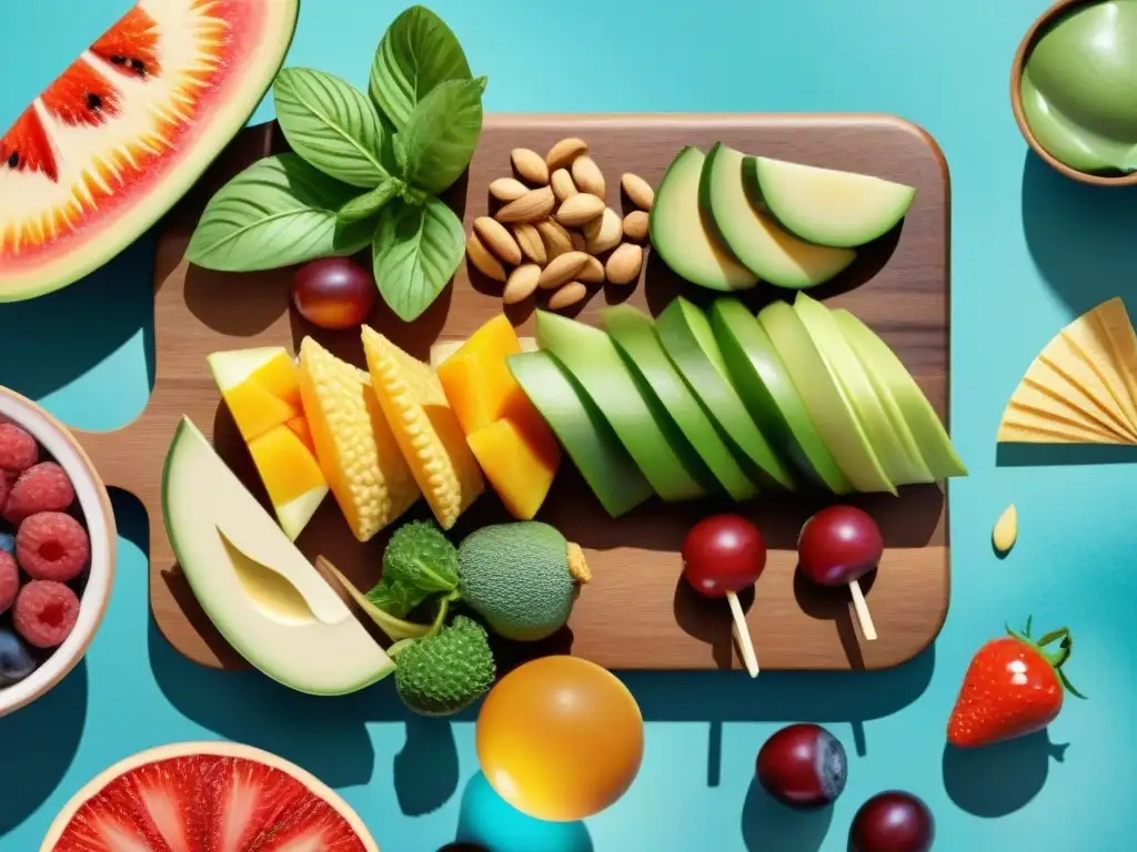Bodegón saludable: snacks variados en acuarela Una ilustración acuarela vibrante de snacks saludables mercado internacional: frutas coloridas, chips de vegetales y frutos secos en tabla de madera