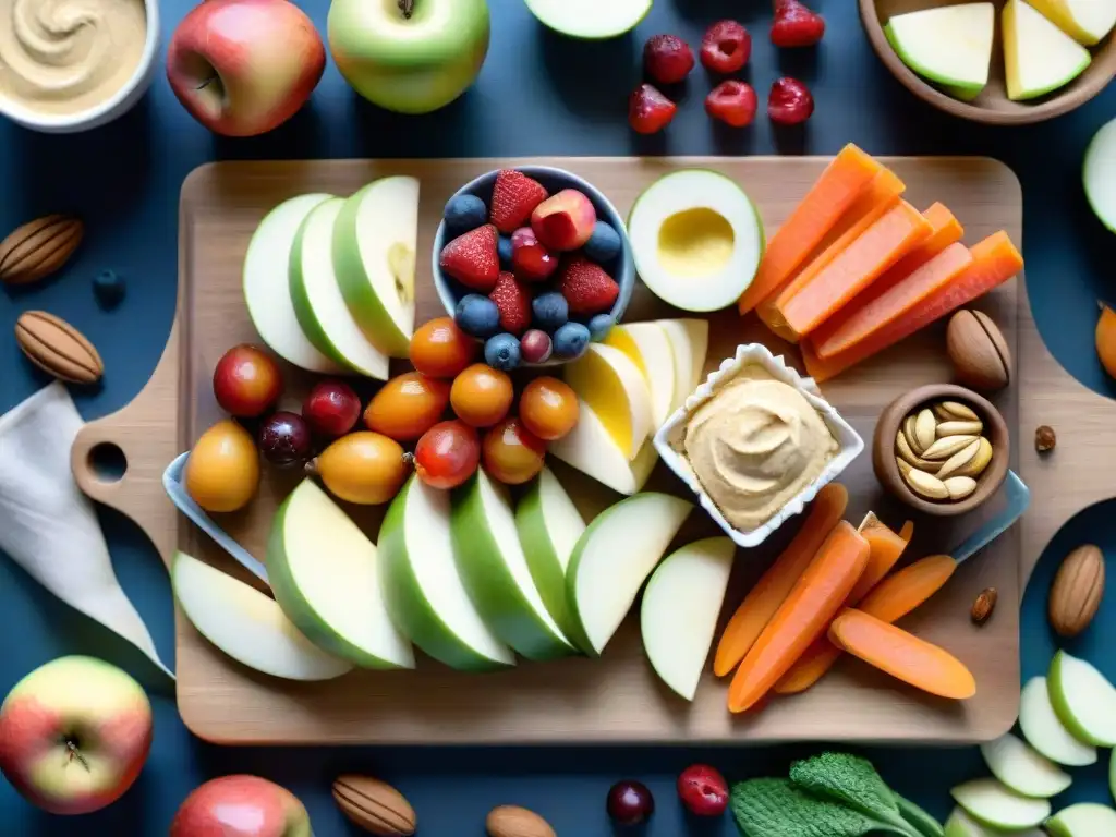Deliciosos snacks saludables en acuarela Una ilustración vibrante de snacks saludables para perder peso: manzanas, zanahorias, hummus, frutos secos y bayas frescas en tabla de madera