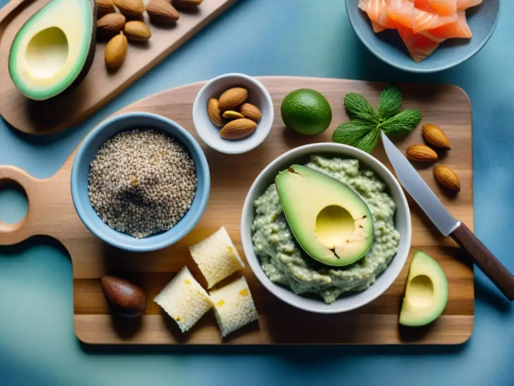 Deliciosos snacks ricos en omega-3: acuarela vibrante Una ilustración vibrante con snacks saludables ricos en omega3 sobre tabla de madera: aguacate, pudding de chía, rollitos de salmón y frutos secos