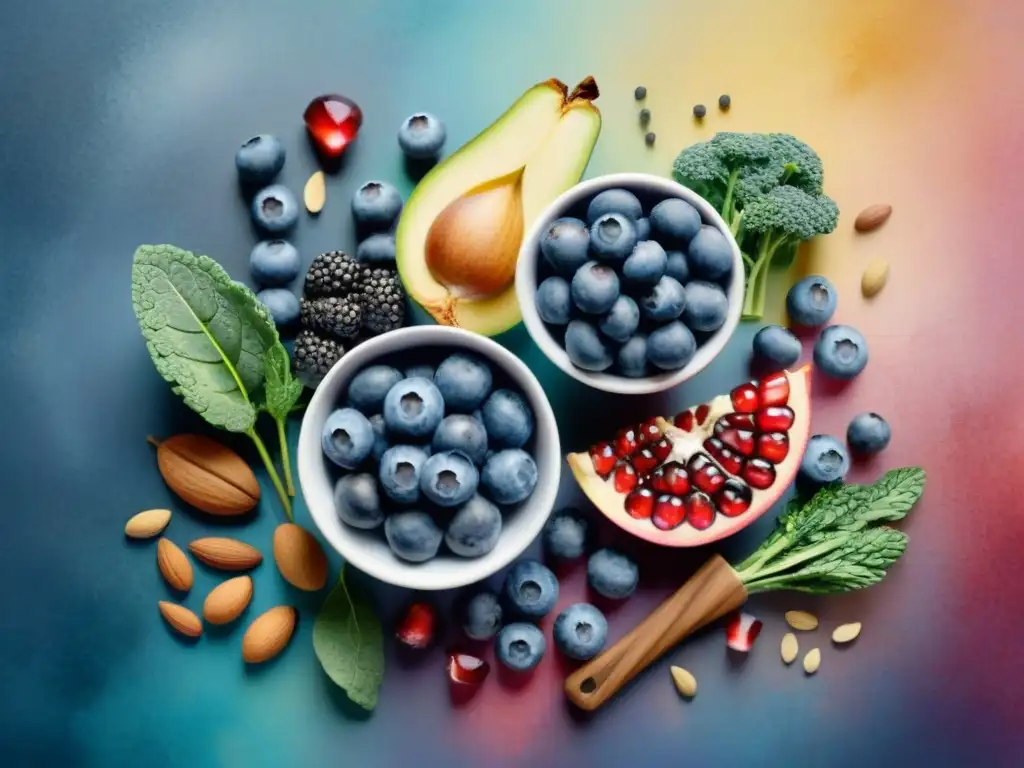 Deliciosos superalimentos en acuarela Una ilustración acuarela vibrante de superalimentos coloridos como arándanos, kale, semillas de chía, almendras y granada