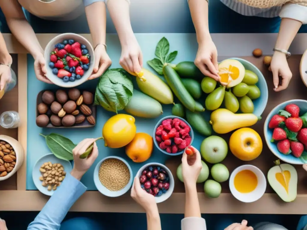 Taller comunitario de snacks saludables con diversidad de personas Un vibrante taller de snacks saludables certificados: comunidad, aprendizaje y creación de delicias nutritivas