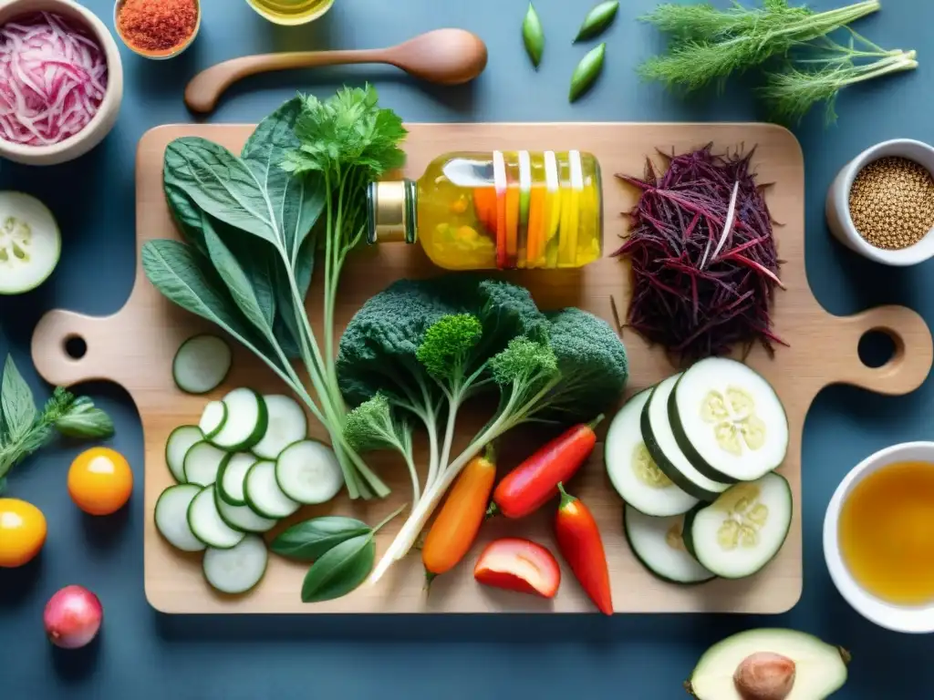 Deliciosa variedad de alimentos fermentados en acuarela Una vista detallada de opciones saludables: snacks fermentados como kimchi, sauerkraut, pepinillos y kombucha rodeados de hierbas frescas y frutas