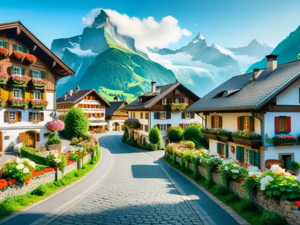 Pintura acuarela de un encantador pueblo suizo alpino Vista idílica de un pueblo suizo en los Alpes, con chalets, cafés y montañas nevadas